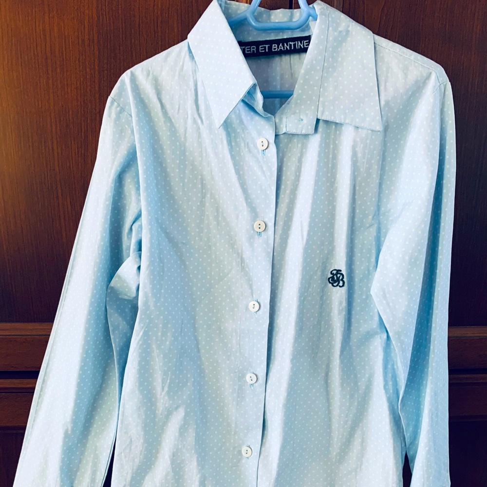 Blue & white polka dot cotton dress shirt Girls Age 9 - 12 long sleeves collar
